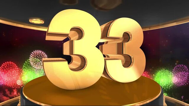 33rd birthday animation in gold with fireworks background, 
Animated 33 years Birthday Wishes in 4K  
