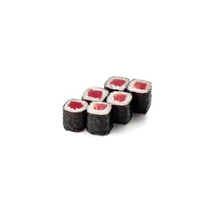 Set of 6 Mini Rolls with Tuna on a White Background Isolate