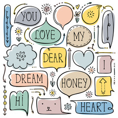 Set of colorful doodle speech bubbles for comics, bullet journal, notebook, diary, and planner isolated on white background. 