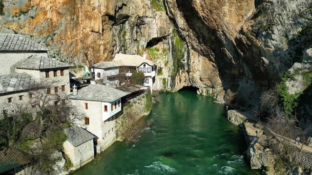Aerial drone view of Tekija in Blagaj in BiH. The Tekija, dervish house, set at the source of the river Buna, was and still is a venue for dervish Zikr praise-chanting three nights weekly.