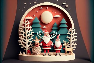 The paper art style of Santa Claus and friends with the Christmas tree.Generative AI