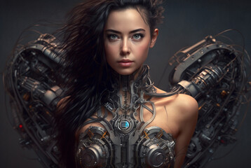 Fototapeta na wymiar a young attractive woman half-robot or a humanoid android with artificial intelligence parts or a technological upgrade as human evolution, body parts. Generative AI