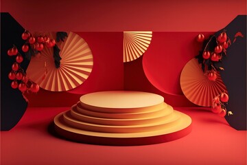 Abstract red and gold podium background with fans and light effects. Display for Chinese new year.Generative AI