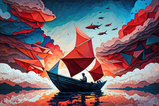 illustration painting mixed paper cut of men on red paper boats floating in the ocean on cloudy sky.(ai generated)