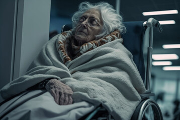 an old woman in wheelchair, elderly lady sleeping in a hallway in a hospital or other lighted room, fictional person and place. Generative AI - obrazy, fototapety, plakaty