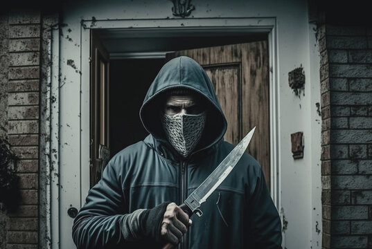 a masked burglar with a knife is standing in front of a house door. Generative AI
