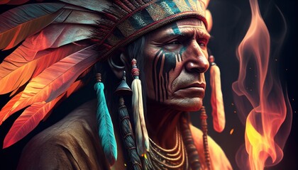 Fototapeta na wymiar Traditional Plant Medicine Shaman - From Native North American Tribe - Wise Spiritual Leader with Feather Headdress - Generative AI Illustration 