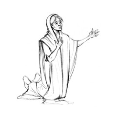 Pencil drawing. A poor widow praying God