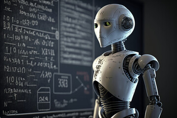a white robot, teacher, with artificial intelligence, with a blackboard in the background, generated by IA