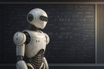 a white robot, teacher, with artificial intelligence, with a blackboard in the background, generated by IA