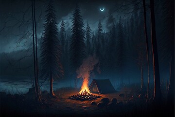 camping in a dark foggy forest. campfire night forest fog. Generative AI