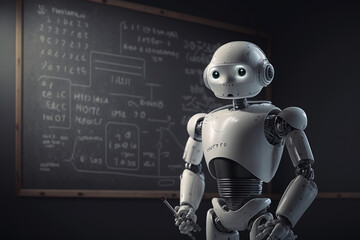 Obraz na płótnie Canvas a white robot, teacher, with artificial intelligence, with a blackboard in the background,generated by IA