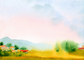 Watercolor painting. Landscape with a village