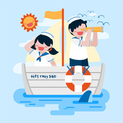 kids on navy ship in the sea cartoon character vector