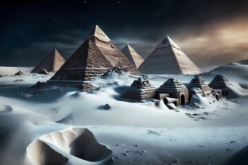 Winter Frozen Egypt ancient pyramids in snow with sunlight. Concept Global cooling, ice age. Generation AI
