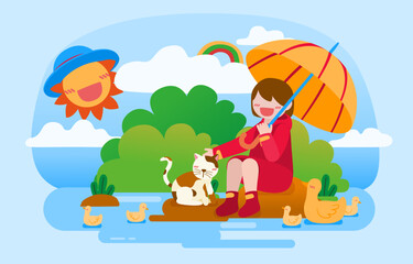 Obraz na płótnie Canvas Lovely Girl and her pet in garden cartoon character vector
