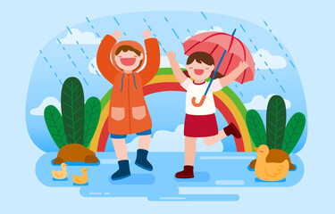 Boy and girl enjoy playing with rain cartoon vector