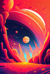 Night view from alien planet, colorful neon space background with many planets in starry sky, cartoon extraterrestrial landscape - Generative ai