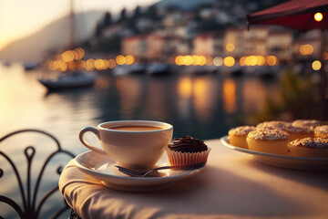 Cup of coffee and delicious dessert on blurred background of Italian lake. Romantic evening view. Based on Generative AI - obrazy, fototapety, plakaty