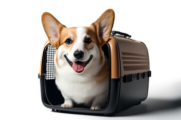 Happy dog in carrier cage transportation white isolated background. Concept animal travel trip. Generation AI