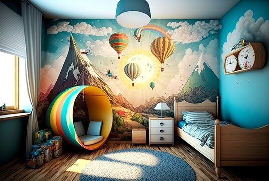 Fototapeta Creative and bright design of a children's room. Bright fantasy wallpaper on the wall. Adventure theme. Generative AI illustration.
