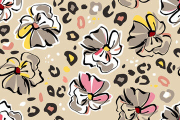 Botanical background of abstract flowers and spots of leopard skin. Hand drawn seamless pattern summer floral background. Sketchy drawing of black outlines and white and pink-orange strokes. © Liubov