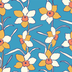 Hand-drawn elegant daffodil flowers on a blue background. Seamless vector pattern for fabric, textile, packaging. Spring blooming print