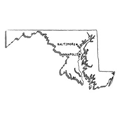 Vector hand drawn map of Maryland MD with main cities. US States black and white illustrated map. Full vector global color swatch different layer for ease of use