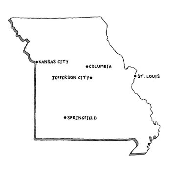 Vector Hand Drawn Map Of Missouri MO With Main Cities. US States Black And White Illustrated Map. Full Vector Global Color Swatch Different Layer For Ease Of Use