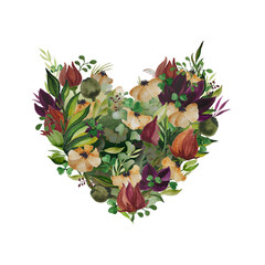 Floral watercolor bouquet in the shape of a heart.
