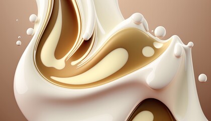 Creamy and thick liquid light brown and white splashing on color background. Generative AI