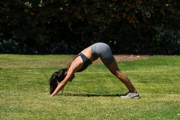 Fototapeta premium young and beautiful woman doing gymnastics in the garden of her house on a sunny day, yoga, diet, health