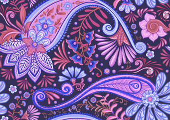 Fantasy flowers in retro, vintage, jacobean embroidery style. Paisley seamless pattern, background. Vector illustration on blue background.