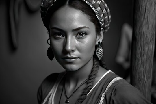 Young Woman Portrait In Bw. Generative AI Illustration.