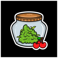 Cherry Fruit Flavor With Cartoon Mascot of Weed Bud On Jar. For Sticker and label.