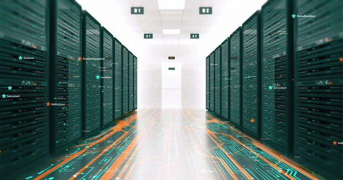 Transferring high speed data inside of modern futuristic server room. Computer racks all around.
