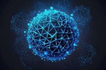 Ball made of glowing blue lines on blue dark background. Generative AI illustration.