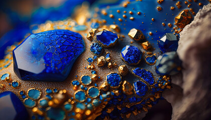 Lapis Lazuli crystal. Rare mineral photography. Blue gold background created with Generative AI