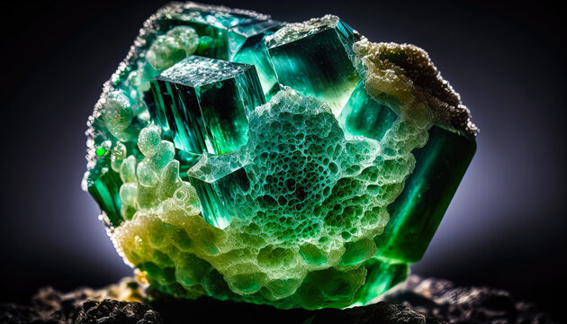 Glowing green Jade crystal. Uncut mineral photography created with Generative AI
