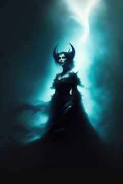 Une silhouette fantastique de femme sorci&egrave;re en robe noire avec des fluides et flux autour - generative AI
