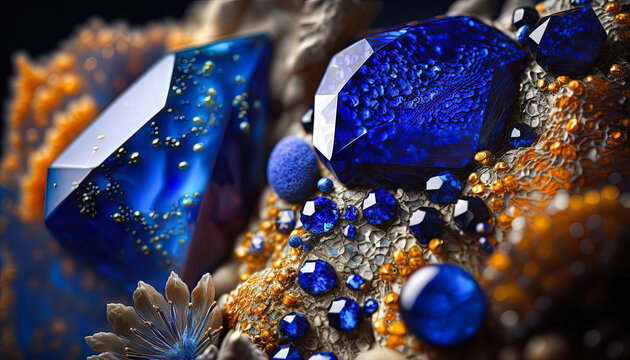Extreme close up of Lapis Lazuli crystal. Uncut blue mineral. Background created with Generative AI