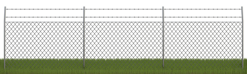 Metal chain link fences and Barbed Wire  on the green grass isolated on PNG Transparent background. Garden, decoration, landscape concept