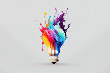 Idea, creativity, imagination and inspiration concept. Colourful dreams. Light bulb explodes with colourful paints. Generative AI
