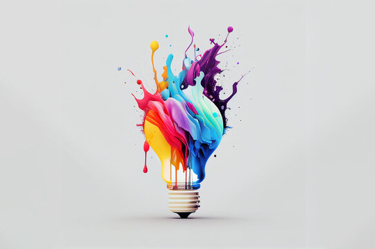 Idea, creativity, imagination and inspiration concept. Colourful dreams. Light bulb explodes with colourful paints. Generative AI