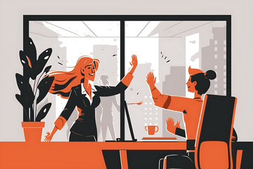 Flat vector illustration Businesswoman high fives a colleague at a meeting  