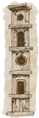 Bird house, made in graphic technique. Watercolor background, line drawing. Vintage style.
