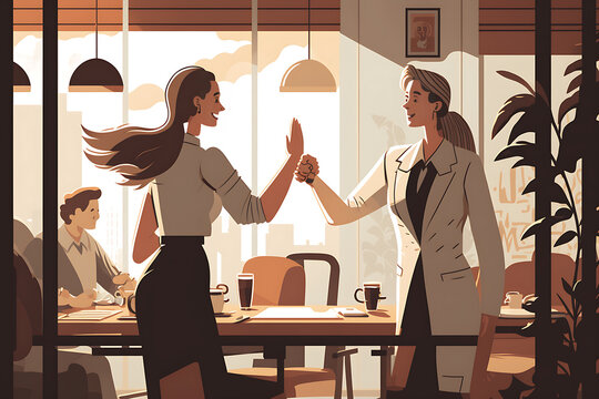 Flat vector illustration Businesswoman high fives a colleague at a meeting  