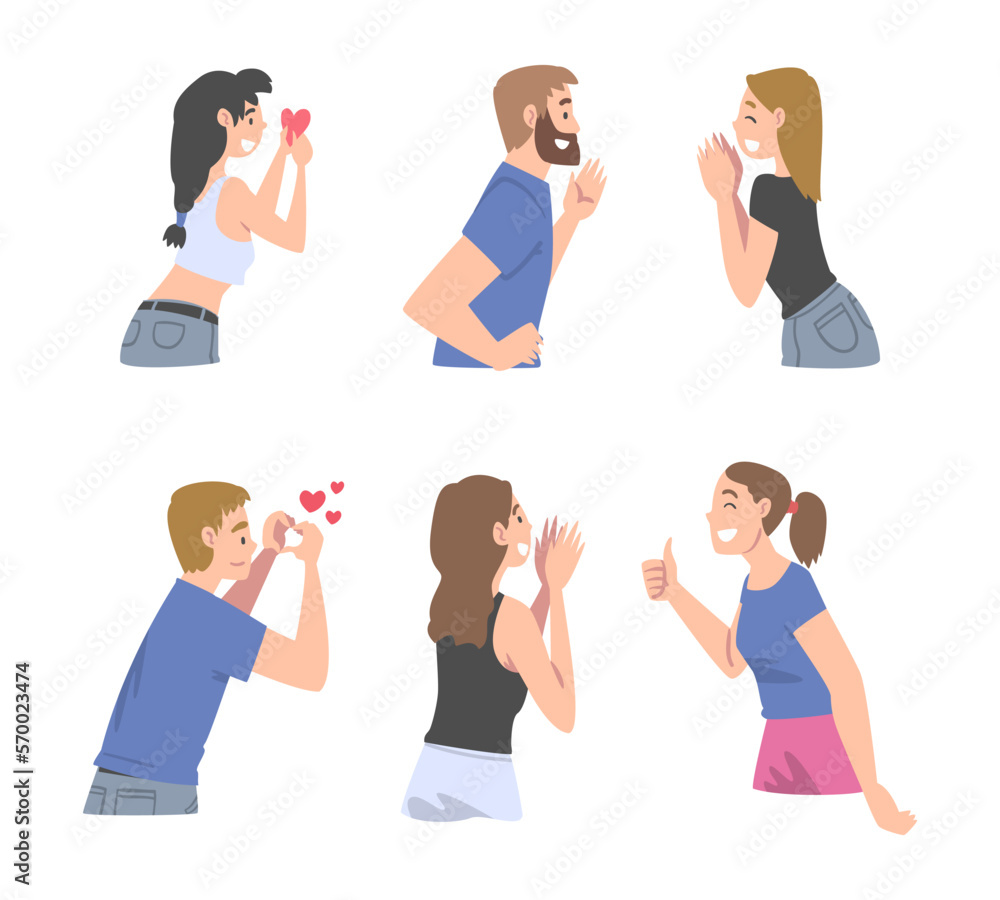 Aufkleber man and woman showing heart gesture and clapping hands as social media follower and subscriber showi