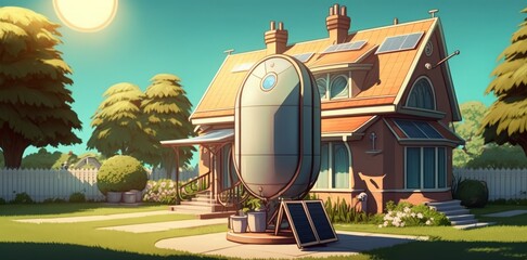 A contemporary solar pressure collector is situated in front of the home on the lawn and is used to heat domestic hot water. Generative AI