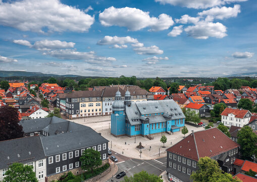 Aerial summer view of Marktkirche zum Heiligen Geist, an old wooden church  in Clausthal (Clausthal-Zellerfeld), town in Harz (Oberharz) mountains region in Lower Saxony, Germany. 